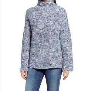 Caslon Shaker Knit Mock Neck Sweater Blue Ensign Ivory White Marl Medium NWT